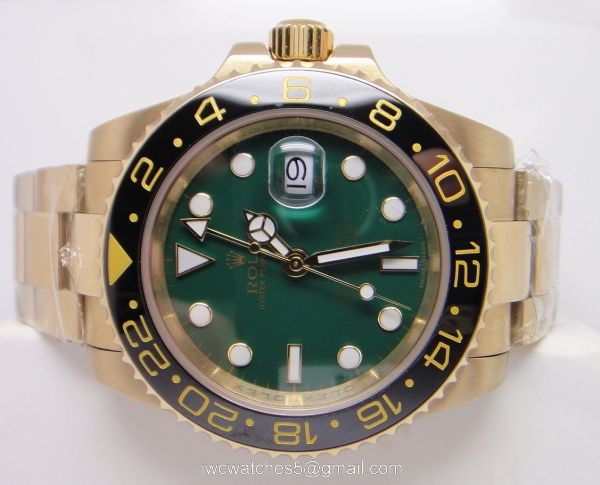 Replica Yellow Gold Rolex GMT-MASTER II Watch SS Green Face 2