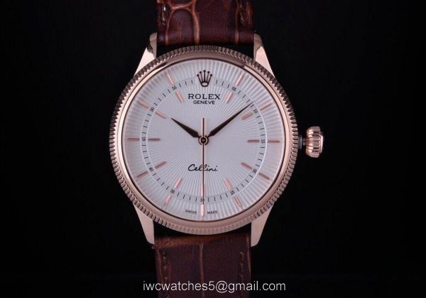Rolex Cellini Time Rose Gold White Face Brown Strap Rolex Geneve Fake Watch 2