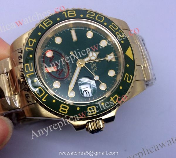 Yellow Gold Green Face Rolex Replica GMT-Master II Watch 40mm 2