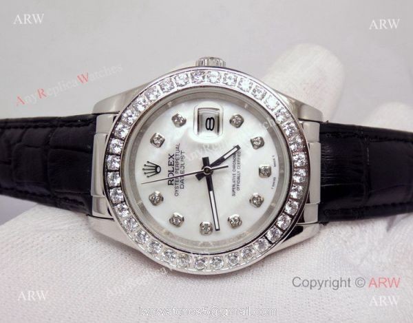 Rolex White MOP Face Diamond Bezel Black Leather Band Watch 2