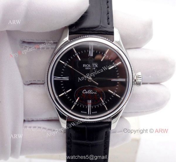 High Quality Rolex Geneve Cellini Black Face Sapphire glass Black Leather Watch 2