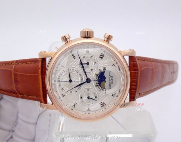 Rose Gold Patek Philippe Moon Phase Brown Leather Mens Replica Watch 2