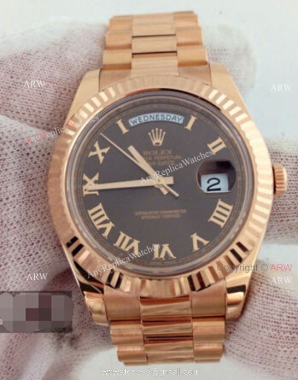 Replica Rolex Day Date II Watch Rose Gold Brown Roman Markers 2
