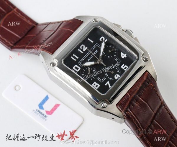 Swiss Grade Replica Cartier Santos 9100 Black Leather Watch 2