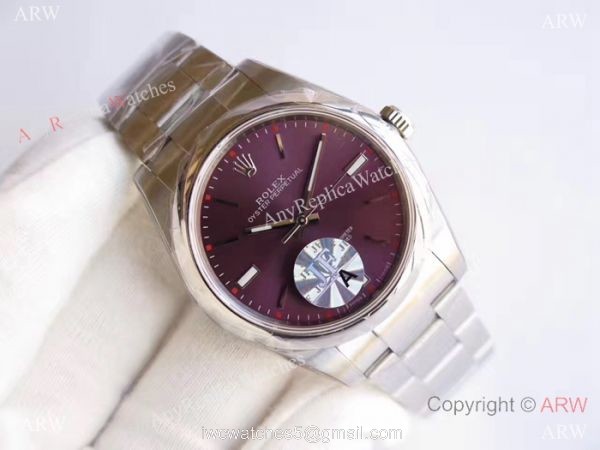 Replica Rolex Oyster Perpetual New Red Grape Dial Stainless Steel Swiss 3132 Watch JF Factory 2