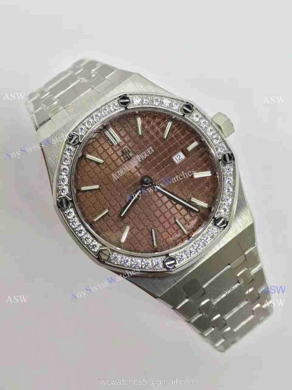 Swiss Fake Audemars Piguet Royal Oak Diamond Bezel Brown Dial Watch 2