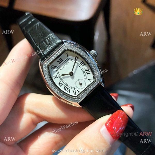 Low Price Cartier Rose Gold Gray Leather Band Ladies Watch 26mm 2