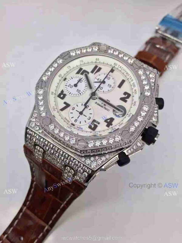 Replica Swiss Audemars Piguet Watch Diamond case Brown Leather Watch Band 2