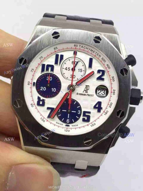 Swiss Audemars Piguet White &038; Blue Chronograph Black Leather Watch 2