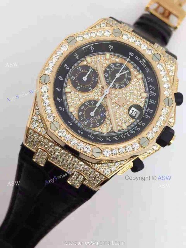 Replica Audemars Piguet Watch Rose Gold Case diamond dial diamond bezel Black Leather 2