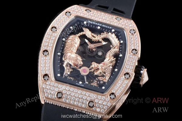 KV Factory Crazy Richard Mille RM051 Tiger Dragon rose gold with diamonds Skeleton Replica Watches 2