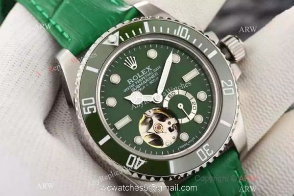 Replica Swiss Rolex Submariner Tourbillon Green Leather Watch 2016 New 2