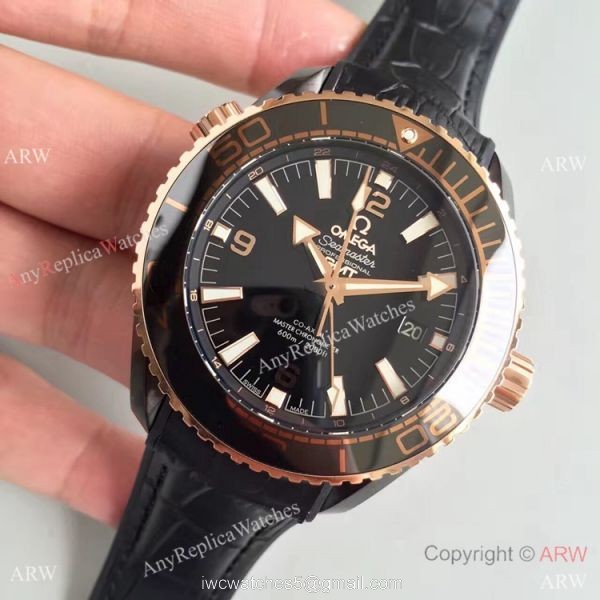 Swiss Replica Omega Seamaster Planet Ocean Deep Black GMT Ceramic Rose Gold Watch 2