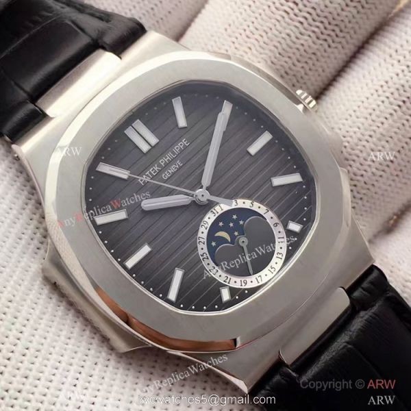 Swiss Grade 1 Patek Philippe Moonphase Replica Watch Nautilus Black Dial 40mm 2
