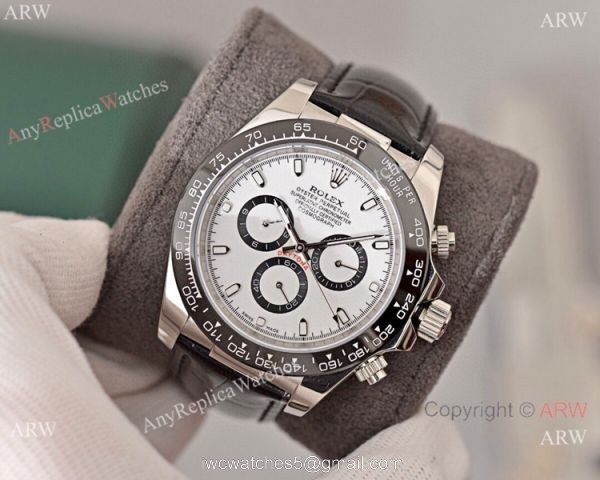 Best Quality Copy Rolex Daytona Watch White Dial Black Leather Strap 2