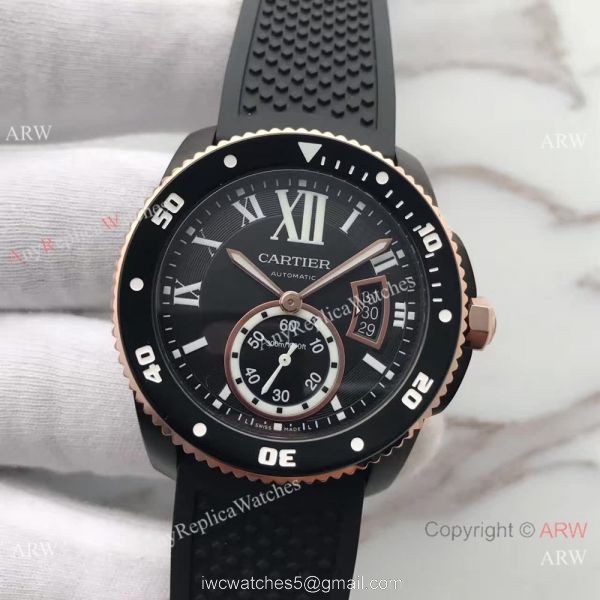 Swiss Fake Calibre De Cartier Diver watch Black PVD Case Rose Gold Fluted Bezel 2