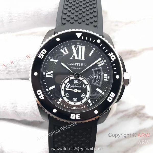 Swiss Replica Calibre De Cartier Diver Black PVD Watch Silver Fluted Bezel 2