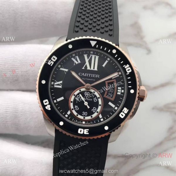 Swiss Grade Cartier Calibre Diver 42mm Watch Rose Gold Fluted Bezel 2