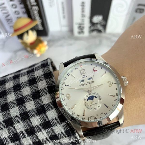 Copy Jaeger-LeCoultre Master Calendar Watch Silver Face Black Leather strap 2