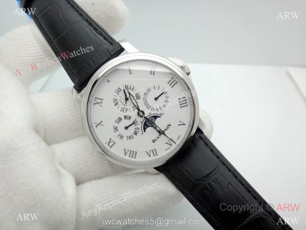 Copy Blancpain Moonphase and Perpetual Calendar Watch White Dial Black Leather Band 2
