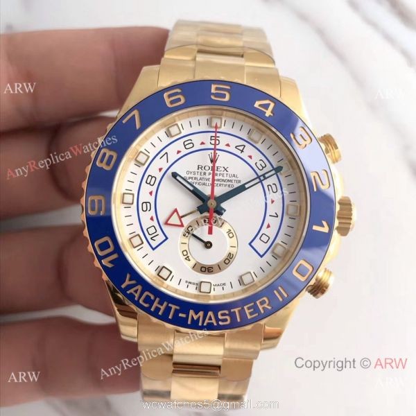 JF Factory Replica Rolex Yacht-master II All Gold Case Blue Ceramic Bezel Men Watch 2