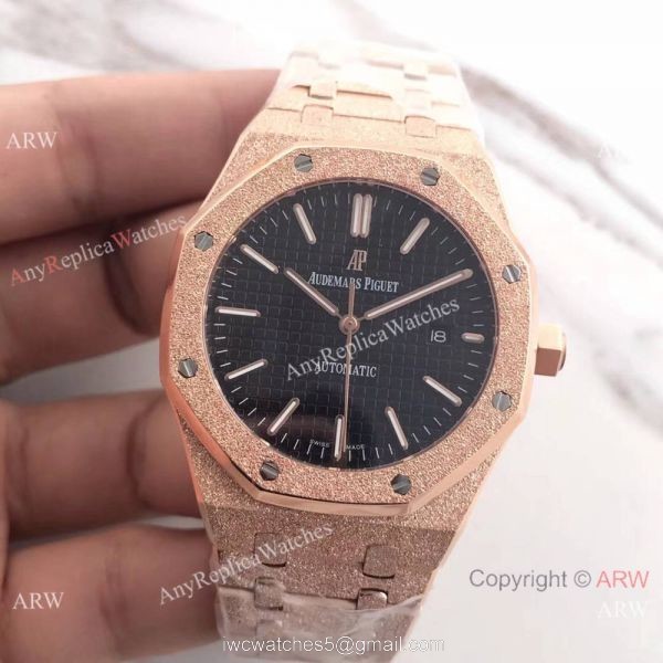 JF Factory Newest Replica Audemars Piguet Frosted Rose Gold Black Dial Wrist Watch 2