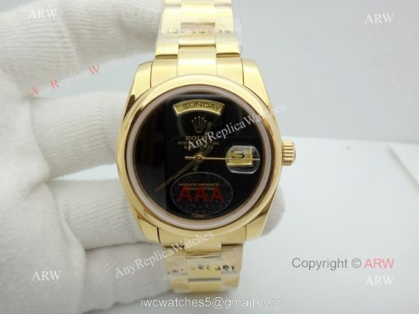Replica Rolex Yellow Gold Black Onyx Dial Day Date Watch 2