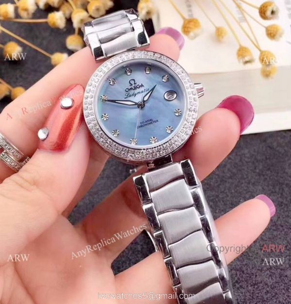 Omega Replica Watches De Ville Ladymatic SS Blue MOP Dial Diamond Bezel Ladies Watch 2