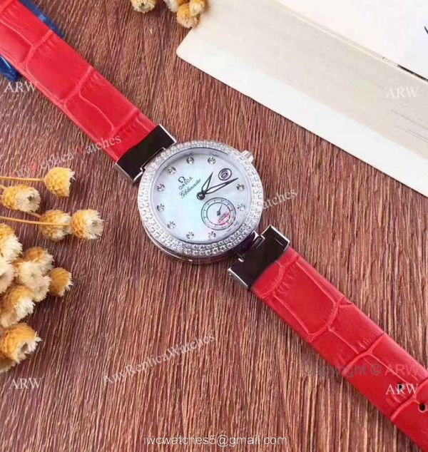 Women Omega De Ville Ladymatic Replica Watch SS Blue Diamond 2