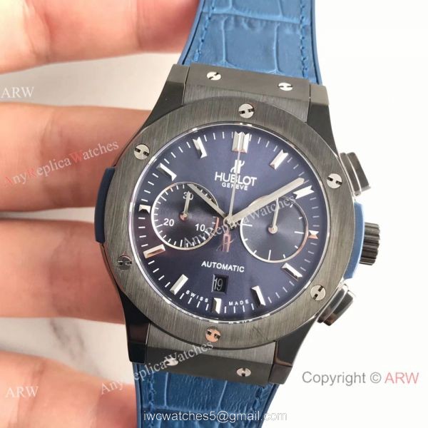Swiss Replica Hublot Big Bang Classic Fusion 7750 Black Watch Blue Gummy Strap 2