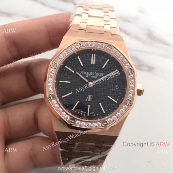 JH Copy Audemars Piguet Royal Oak Automatic Extra Thin Watch Rose Gold Diamond Bezel 2