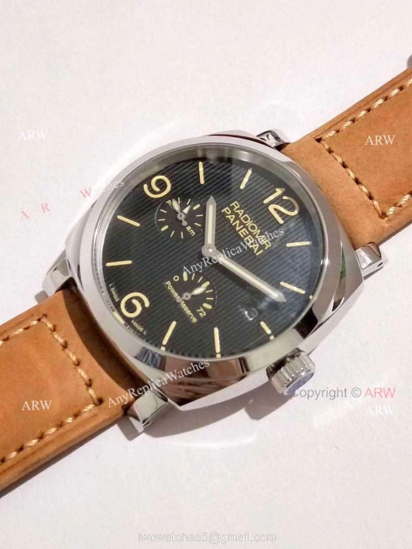 Copy Panerai Radiomir Power Reserve Watch SS Black Stripe Dial with Brown Leather Band 2
