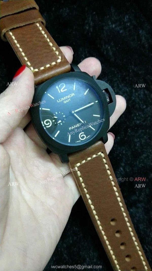 Clone Panerai Luminor GMT PAM 320 Black Steel Watch with Brown Leather Strap 2