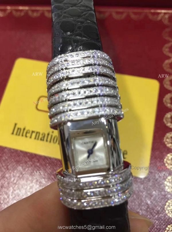 Cartier Small Silver Dial With Diamonds Replica Watches Black Leather Band 2