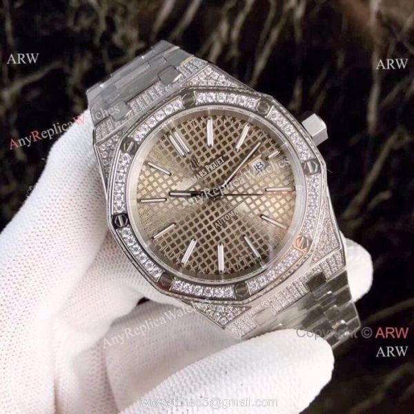 Fake Audemars Piguet Royal Oak Diamond Watches Stainless Steel Champagne Face 2