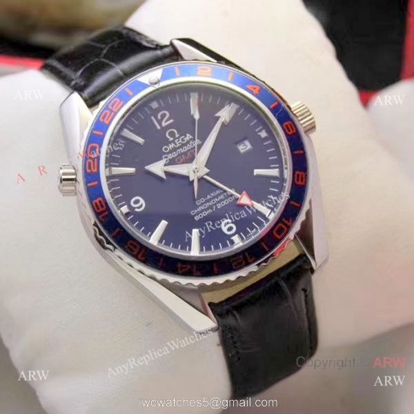 Copy Omega Seamaster GMT 45mm Watches SS Black Leather Strap 2