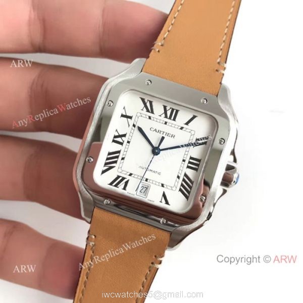 Cartier Santos Quartz Replica Watch SS Brown Leather Band 2