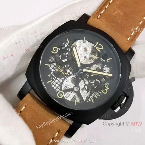 Best Quality Panerai Black Hollow Watch 47mm Brown Leather Strap 2
