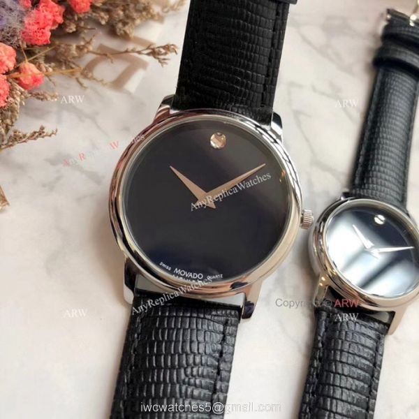 New Replica MOVADO Quartz Lovers Watch SS Black Leather Strap 2