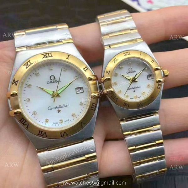 Replica Omega Constellation Quartz Watch Two Tone White MOP Face Omega Couple Watch 2
