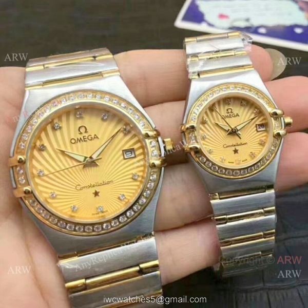 Replica Omega Constellation Diamond Bezel Two Tone Omega Couple Watch 2