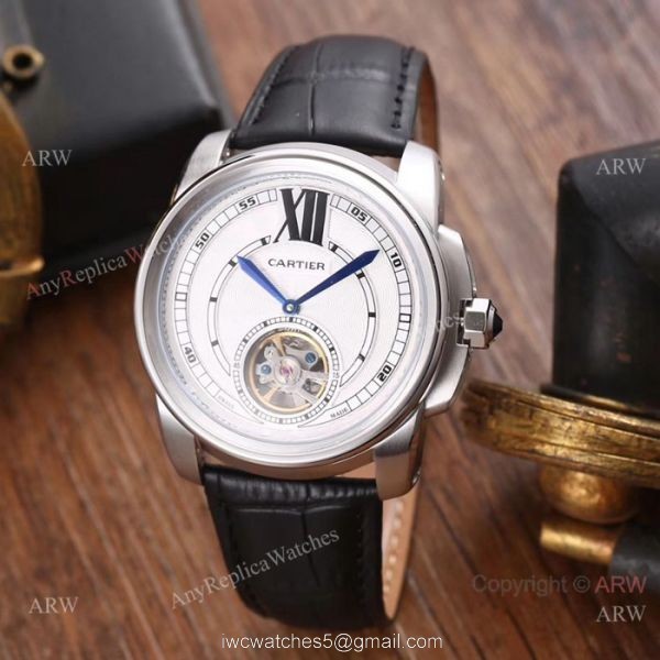 AAA Quality Cartier Calibre De Watches Black Dial Leather Strap 2