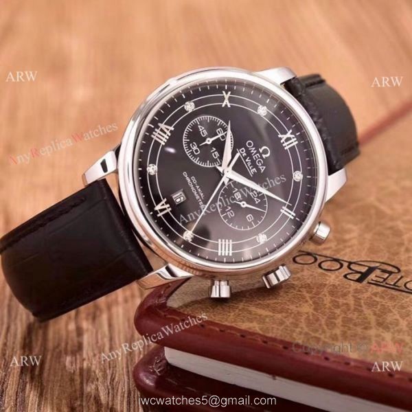 Fake Omega De Ville Chronograph Watches SS Brown Leather Strap 2