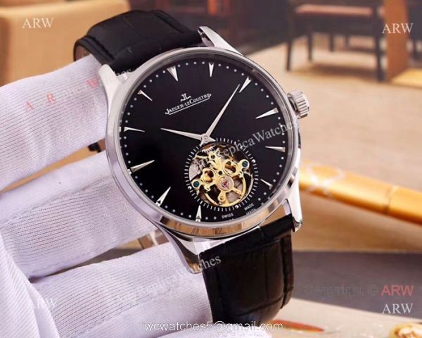 Copy Jaeger Le Coultre Flying Tourbillon Watch SS Black Dial 2