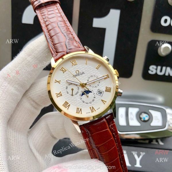 Best Replica Omega Complications Moonphase Watches SS Brown Leather Strap 2