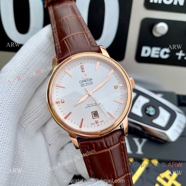 Clone Omega De Ville SS Black Leather Strap Watches 42mm 2