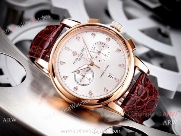 Copy Patek Philippe Geneve Chronograph Watch White Dial Brown Leather Band 2