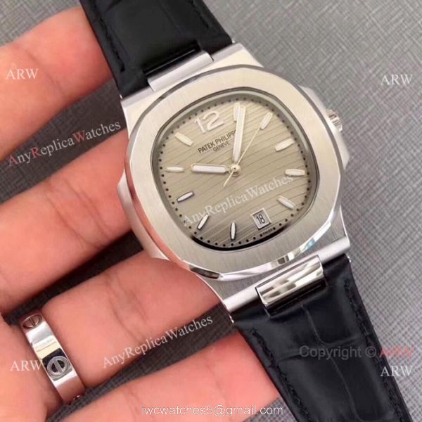 New Patek Philippe Nautilus Watch SS Gray Dial Black Leather Band 2