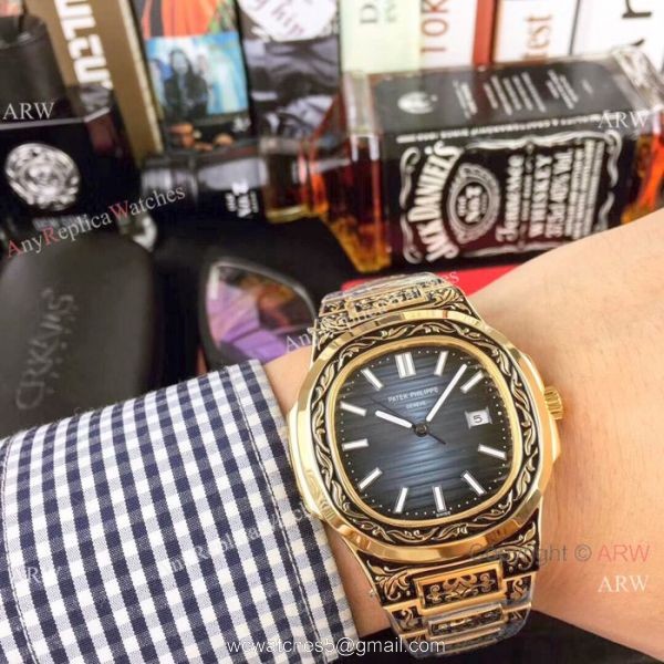2019 Copy Patek Philippe Engraving Nautilus Watches Yellow Gold Black Dial 2
