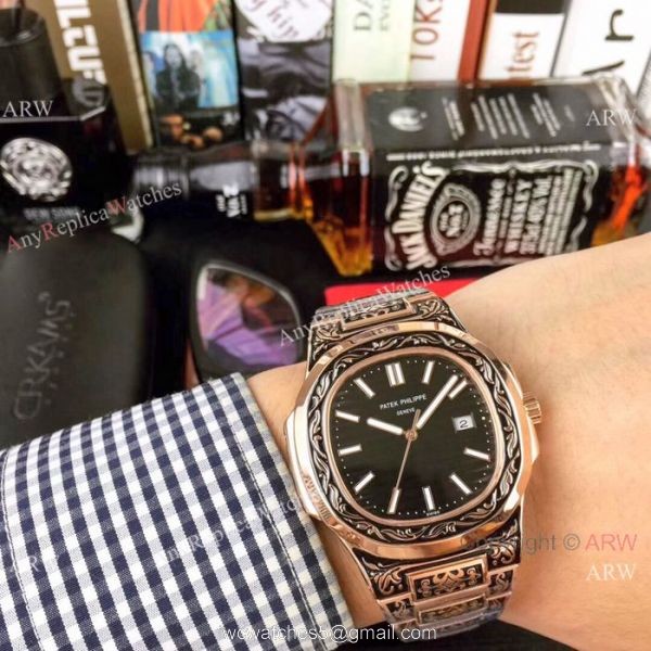 Clone Patek Philippe Nautilus White Face Rose Gold Tattoo Watch 40mm 2